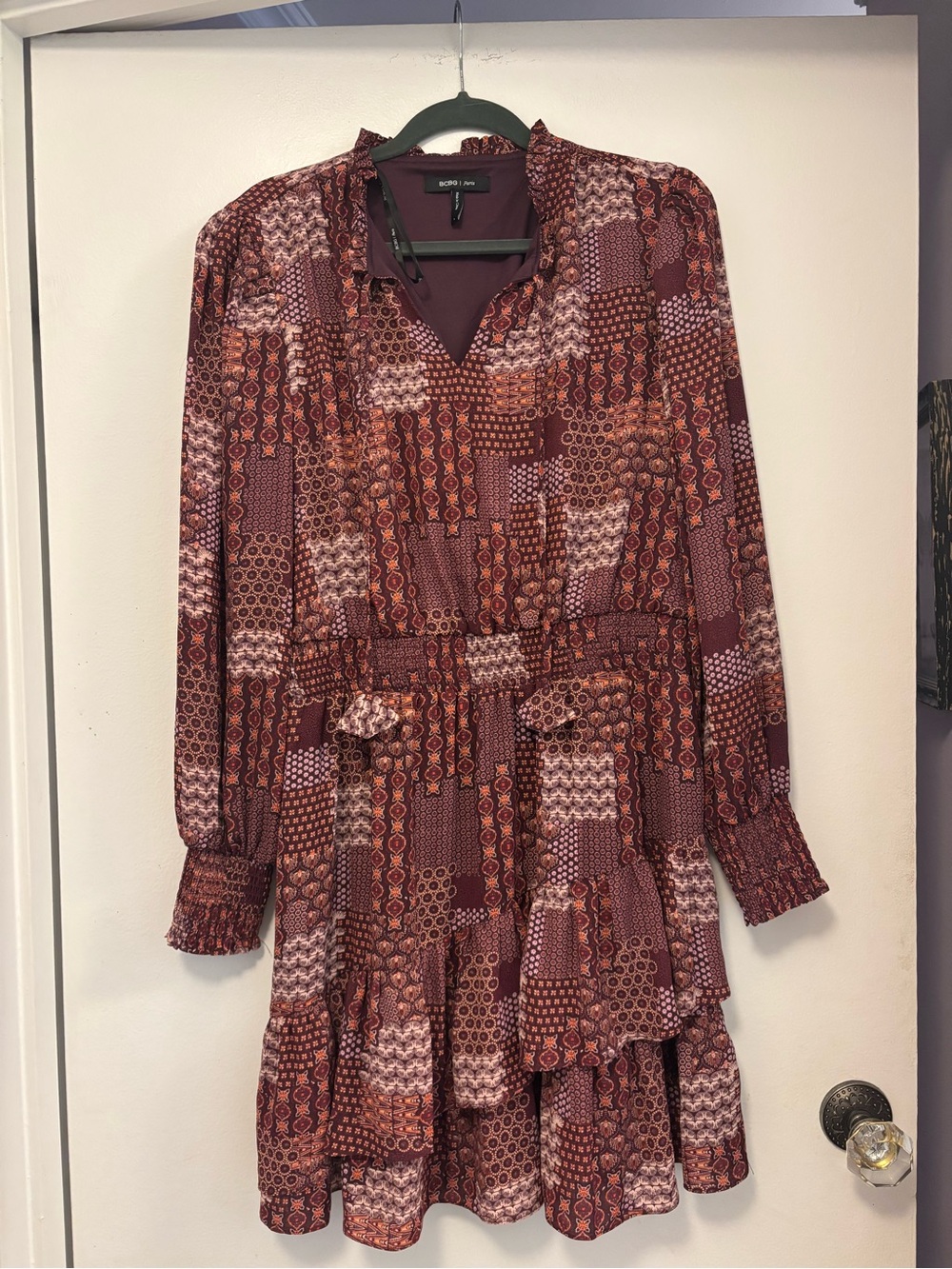 BCBG Paris Maroon patchwork look Long-Sleeve Tiered Mini Dress fall boho